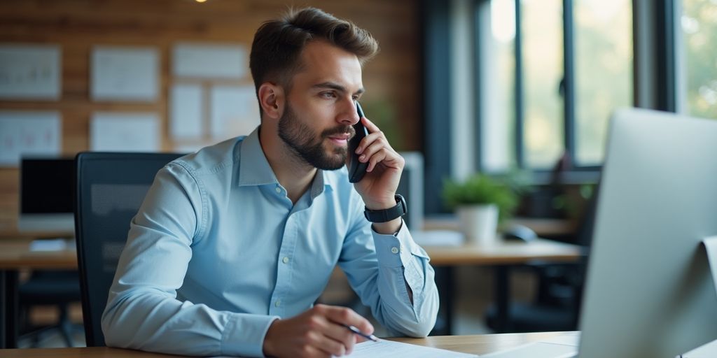 Businessman engaged in automated calling in an office.