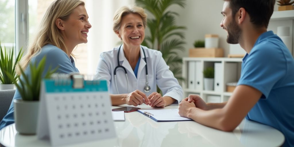 A doctor and patient talking about appointments.