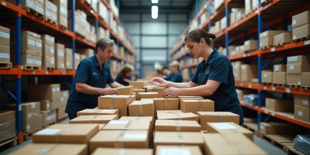 Warehouse workers processing customer returns efficiently.