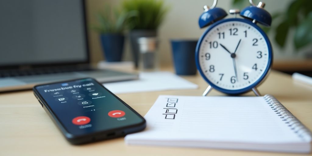 Smartphone, notepad, and clock on a table.