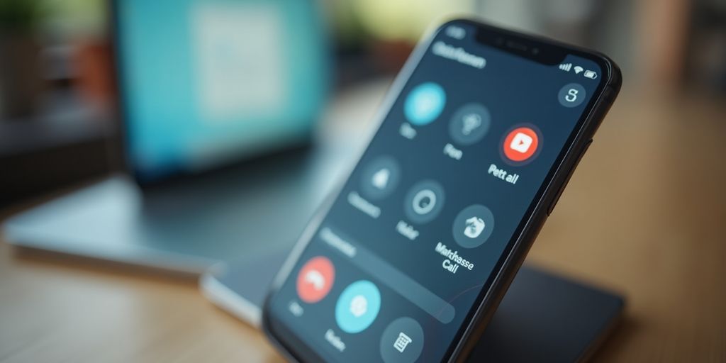 Smartphone displaying an active call on a workspace background.
