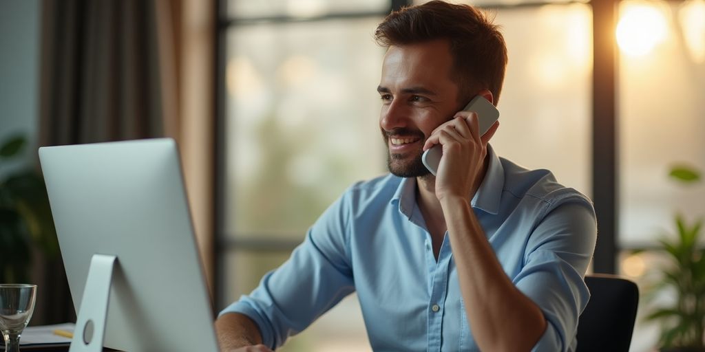 Businessperson making a phone call in an office.