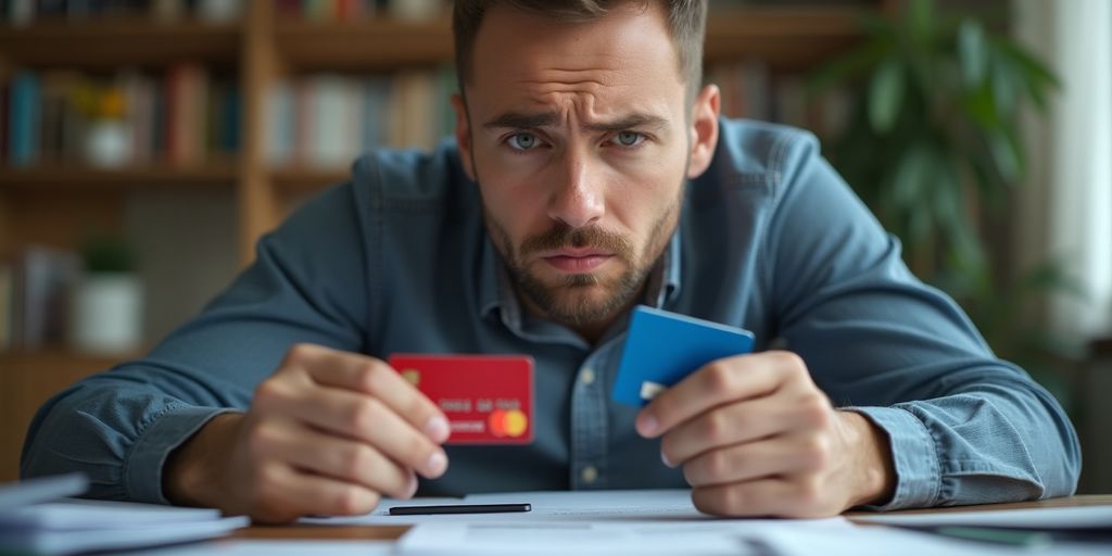 Worried person holding a credit card with bills around.