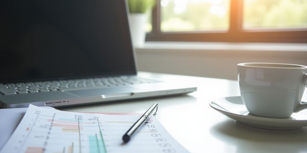 Calm workspace with laptop and neatly organized bills.