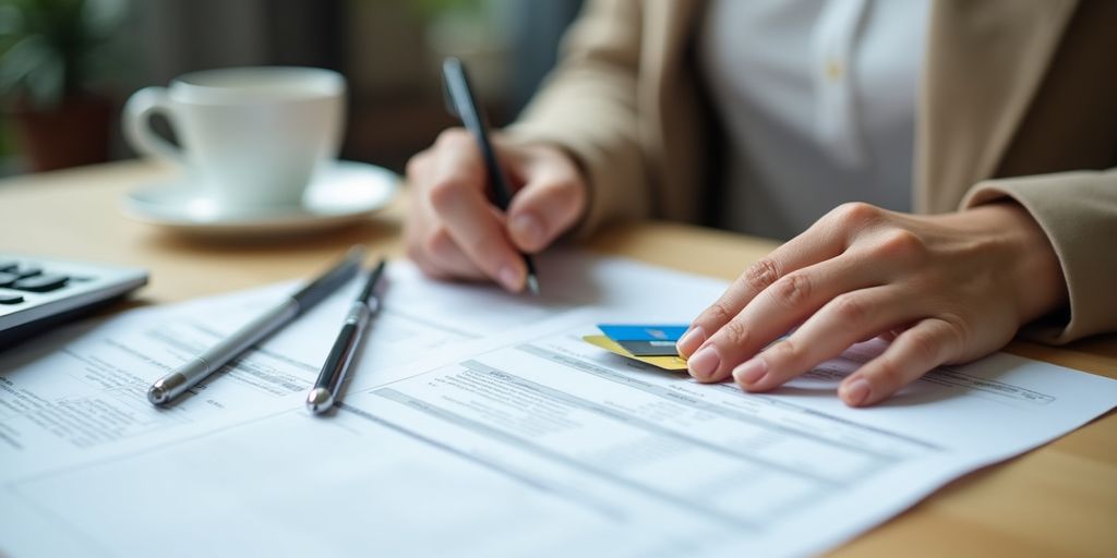 Person reviewing credit card statements with calculator and coffee.