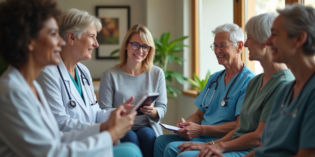 Healthcare professionals assisting seniors with Medicare enrollment.