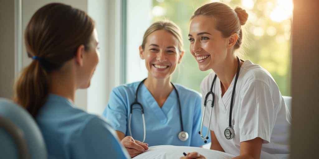 Healthcare provider and patient in a warm conversation.