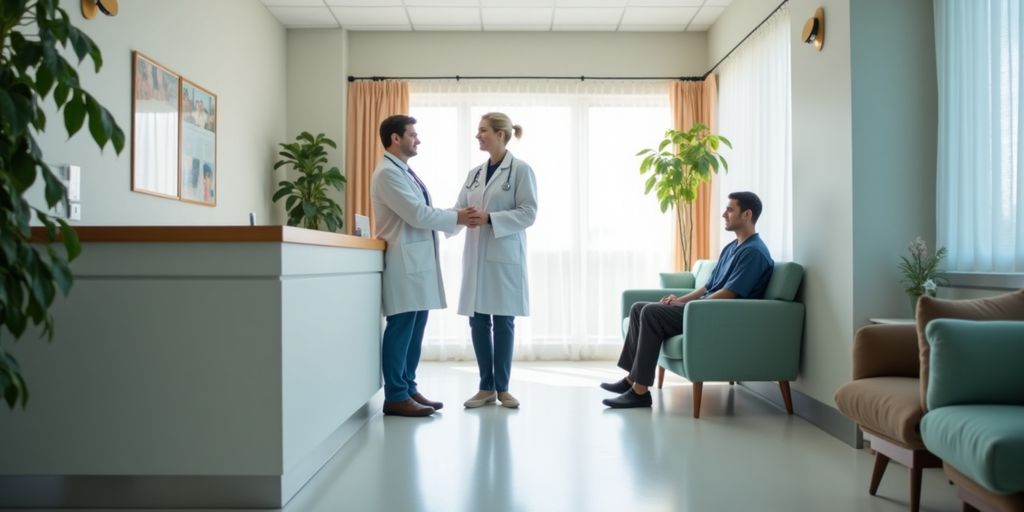 A welcoming medical office with a patient and professional.