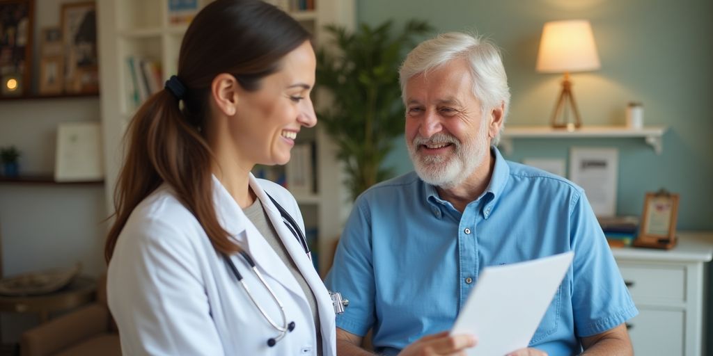 Healthcare worker helping elderly patient with Medicare enrollment.