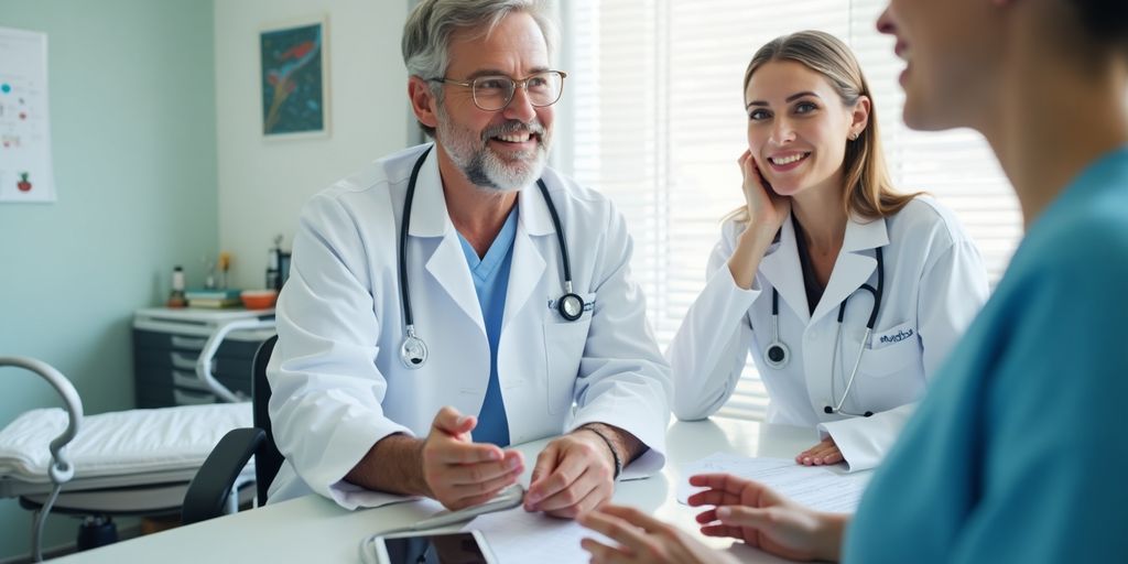 Patient and doctor discuss in a welcoming healthcare office.