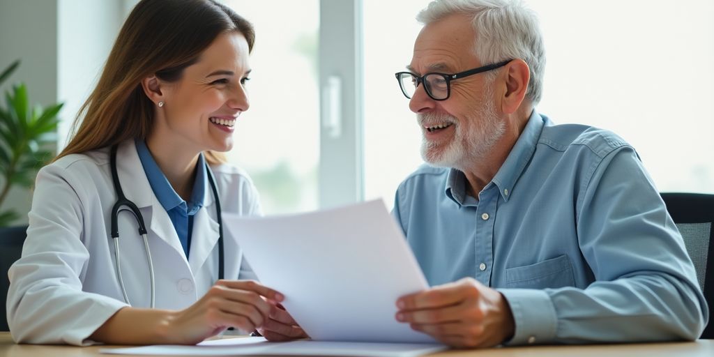Healthcare professional helps elderly patient with enrollment paperwork.