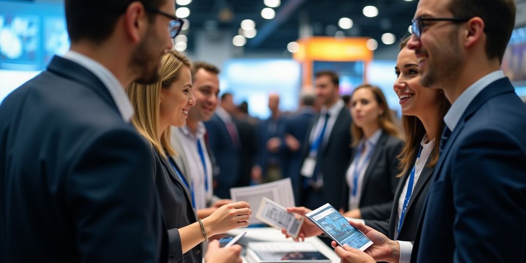 A professional networking at a trade show event.