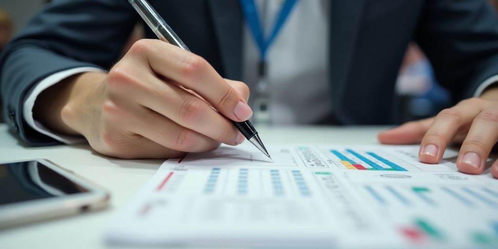 Hand writing notes at a trade show table.