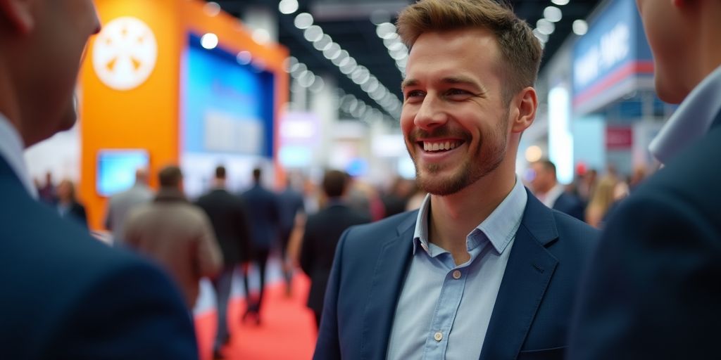 Person engaging with trade show attendees, smiling and attentive.