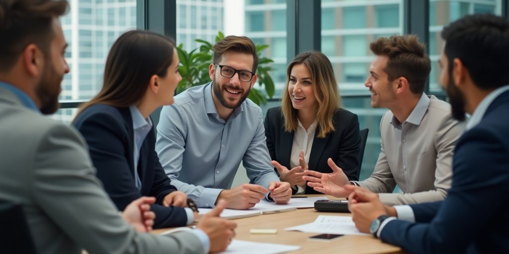 Group discussing investment strategies in a modern office.