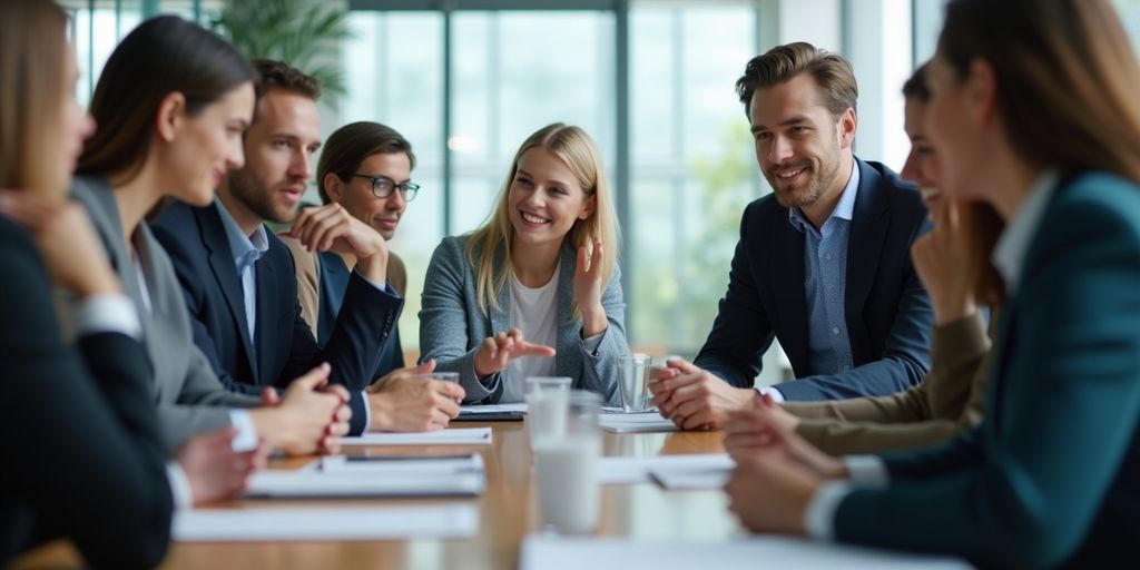 Diverse professionals discussing investment strategies in a meeting.
