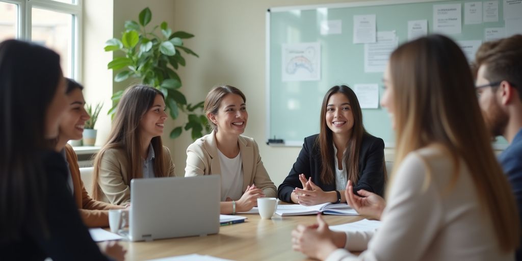 Group discussing investment strategies in a bright office.