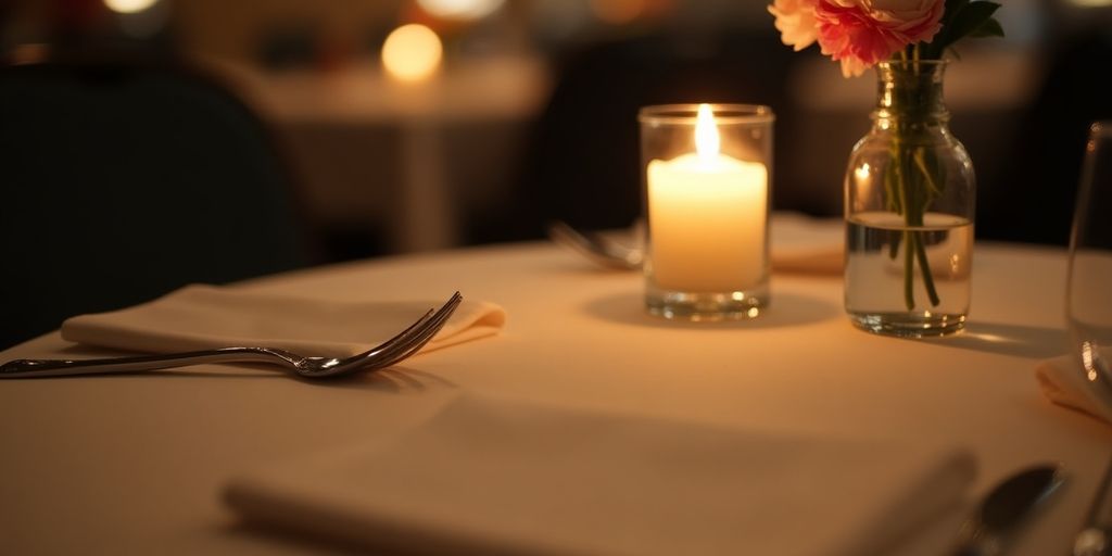 Cozy restaurant table for two with candle and flowers.