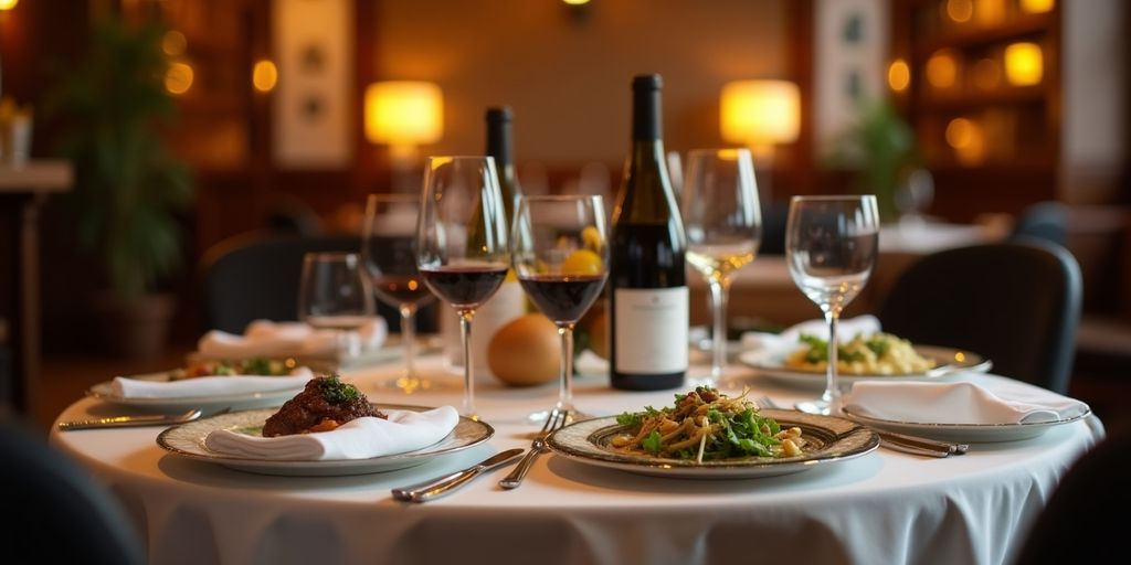 Cozy restaurant table with elegant dinnerware and lighting.