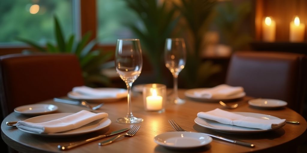 Romantic restaurant table for two with candlelight.