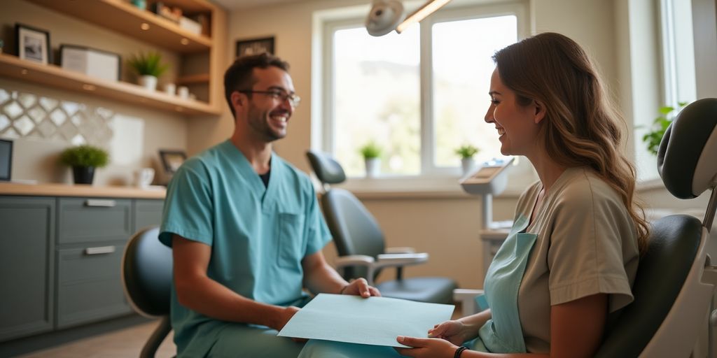 Patients interacting with a friendly dentist in a cozy office.