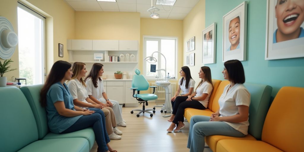 Welcoming dental office with patients and staff interaction.