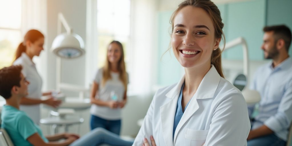 Friendly dentist with happy patients in a dental clinic.