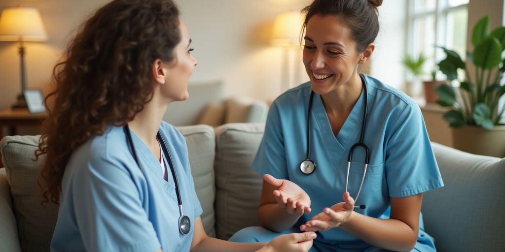 Healthcare provider talking to discharged patient in warm setting.