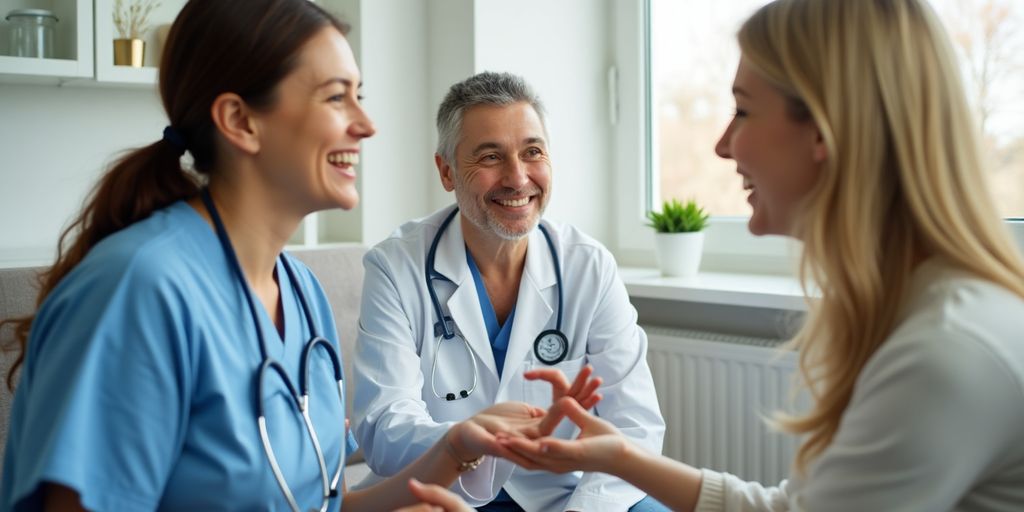 Healthcare professional with discharged patient in a warm setting.
