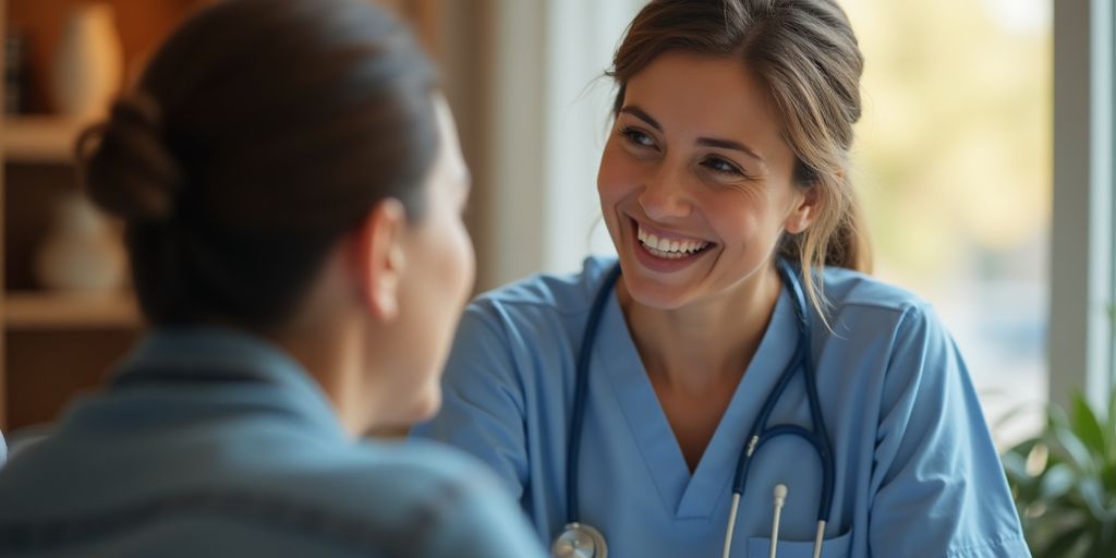 Healthcare provider and patient in a caring interaction.