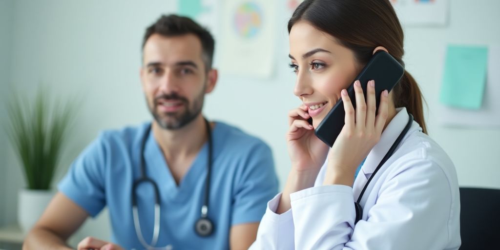 Healthcare worker on a phone, ensuring patient confidentiality.