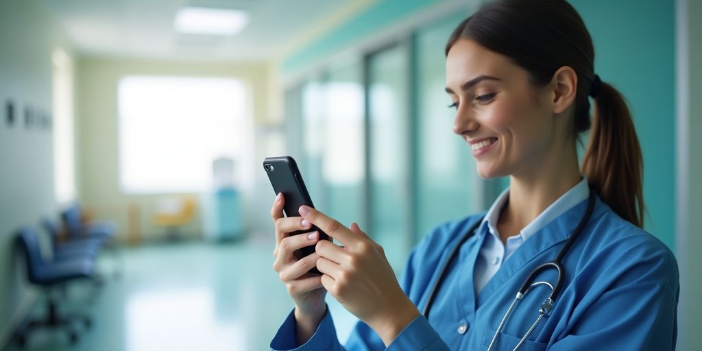 Healthcare worker communicating with a patient via smartphone.