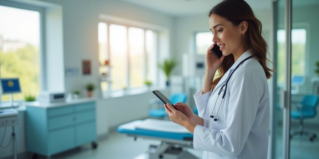 Healthcare professional on a secure phone call in clinic.