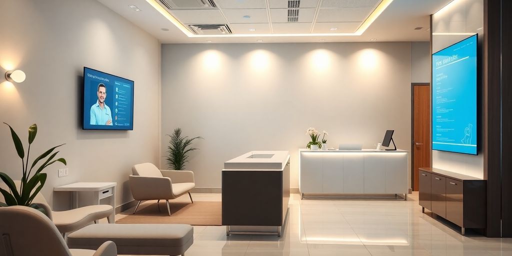 AI receptionist in a modern dental office setting.
