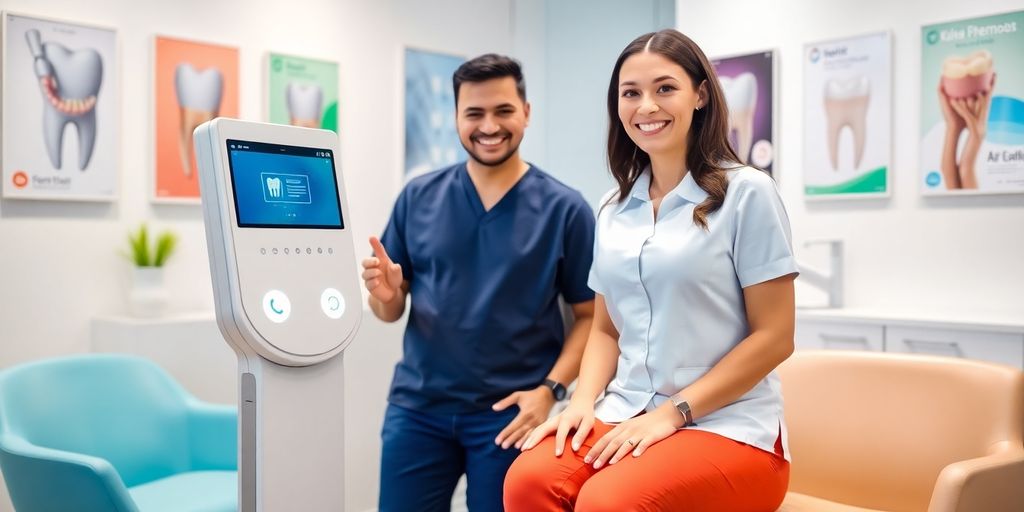 AI receptionist in a modern dental office setting.
