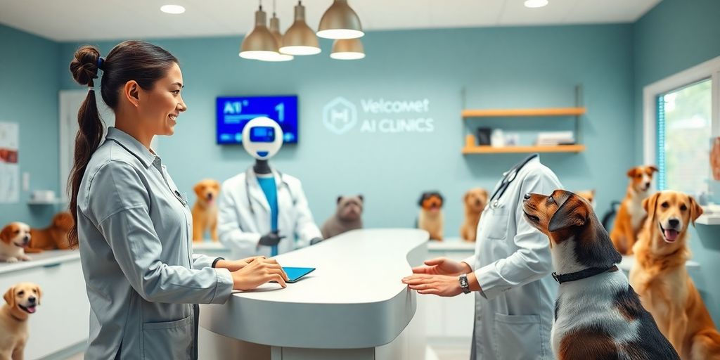 AI receptionist helping a pet owner in a clinic.