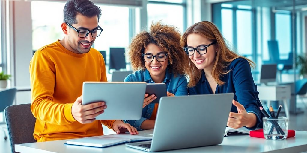 Web designers collaborating in a modern office space.