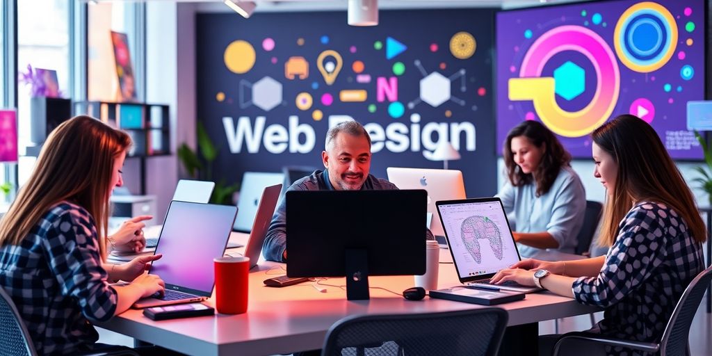Web designers collaborating in a modern studio setting.