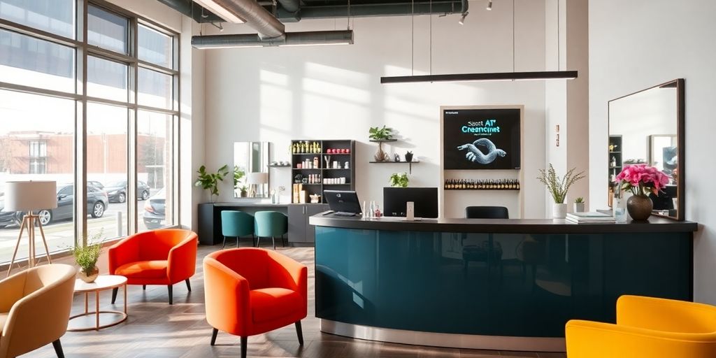 AI receptionist in a modern salon reception area.