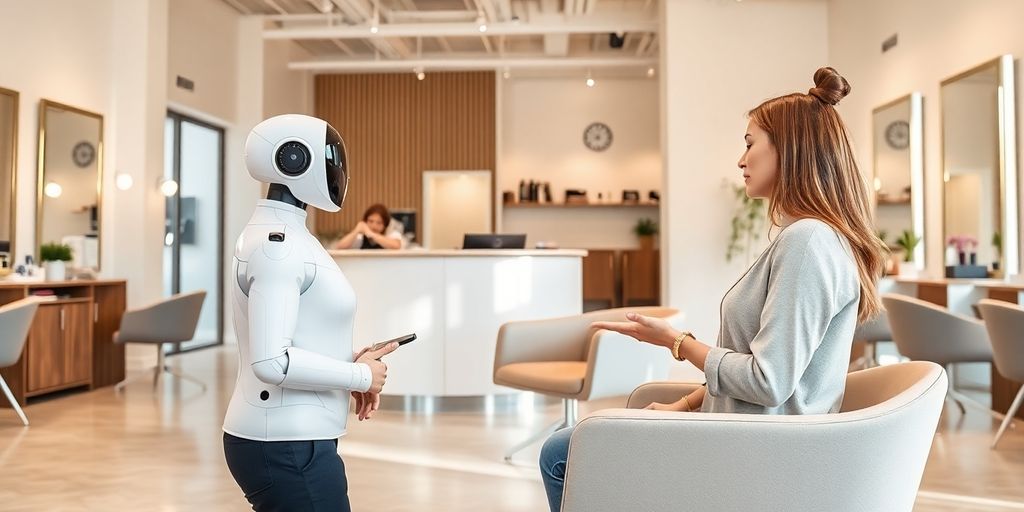 Modern salon reception with AI assistant and client interaction.