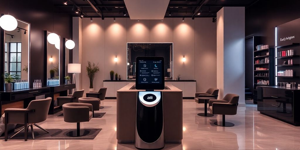 Modern salon reception with AI assistant and elegant decor.