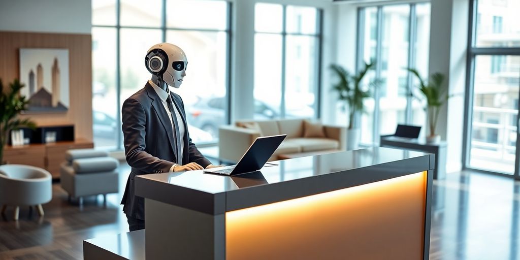 AI receptionist in a modern real estate office.