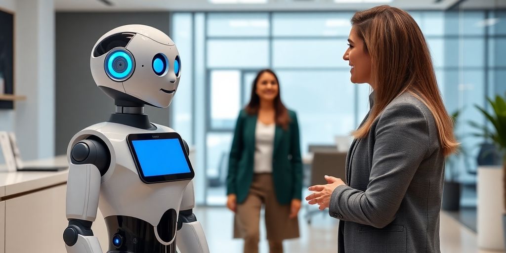 AI receptionist robot in a real estate office setting.