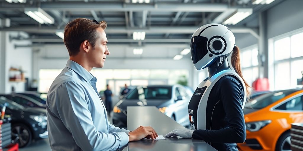 AI receptionist in a modern auto repair shop setting.