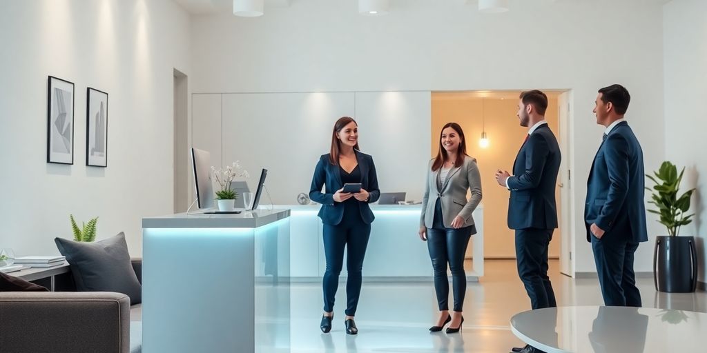 AI receptionist in a stylish real estate office setting.
