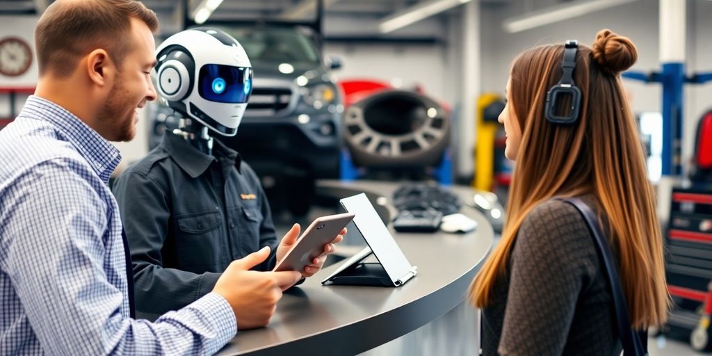 AI receptionist in an auto repair shop with customers.