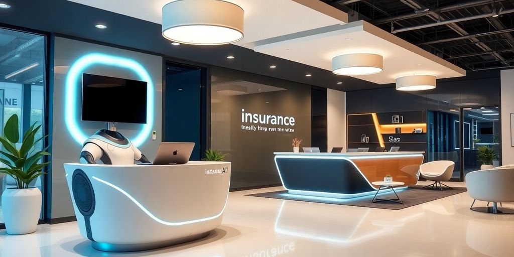 AI receptionist in a modern insurance agency office.