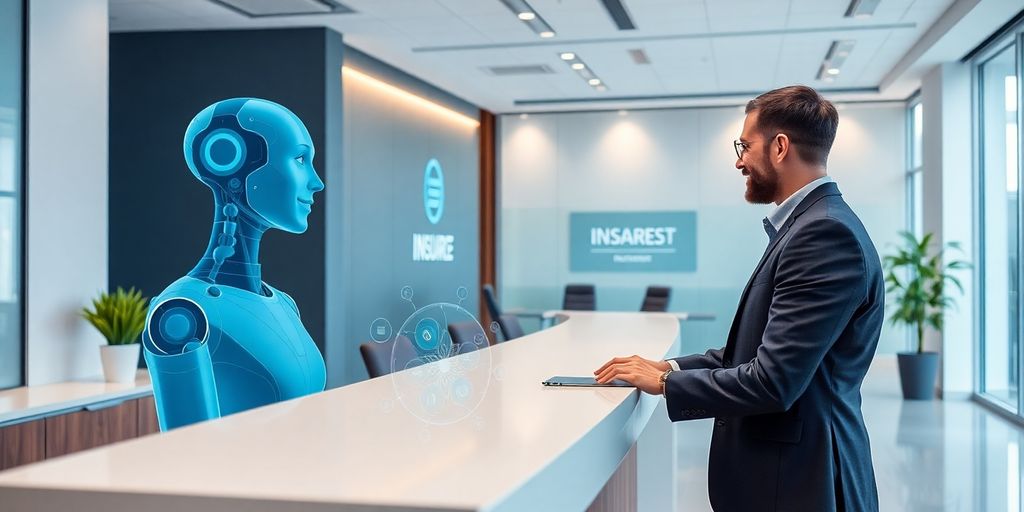 Friendly AI receptionist in a modern insurance office.
