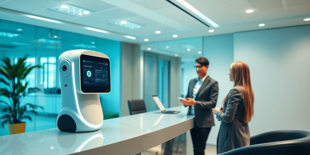Futuristic AI receptionist in a modern office.