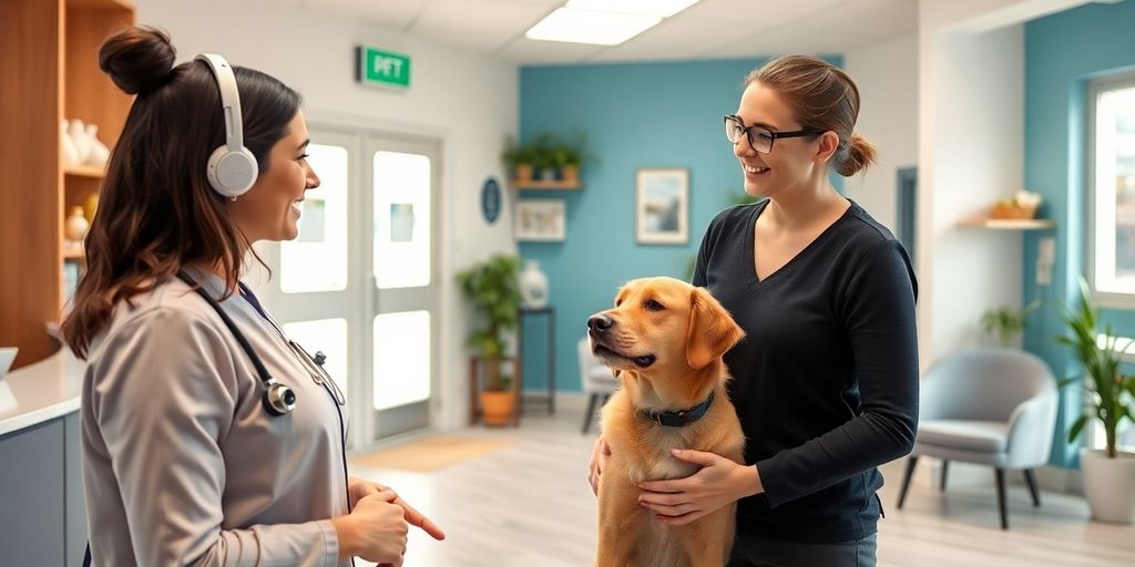 Veterinary clinic reception with AI and pet owner.